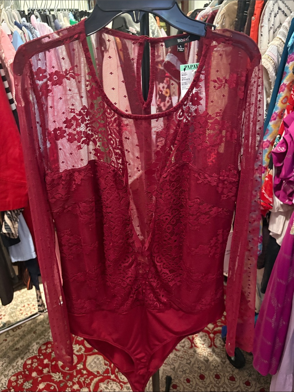 Sheer Lace Bodysuit Top in Burgundy by Bebe